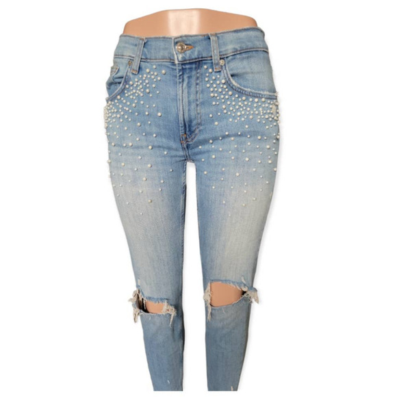Zara Premium Pearl Embellished Distressed Boyfriend Fit Ankle Jeans‎ Size 6 - Picture 2 of 11